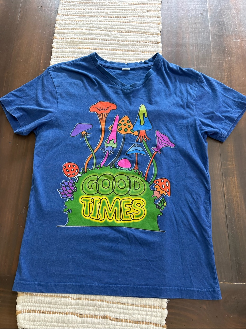 Good Times Mushroom v neck tee shirt